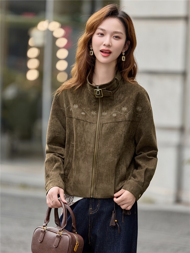 9213设计感刺绣麂皮绒休闲外套,女装短外套,依路服饰