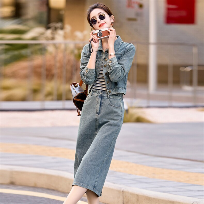 高级感牛仔连衣裙套装女2025春秋新款小个子穿搭外套半身裙三件套,女装套装/套裙,采品优优