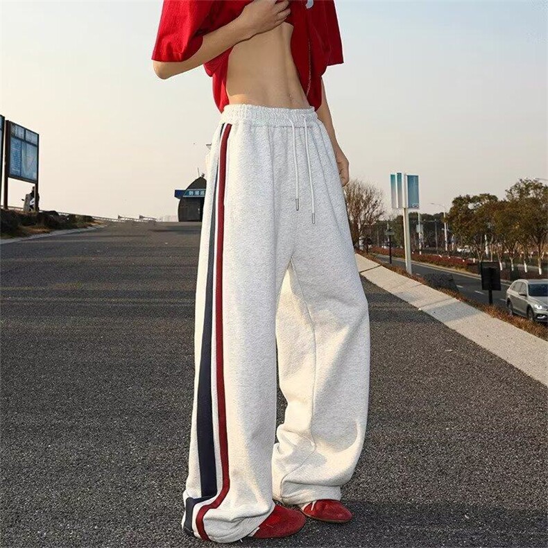 美式高街运动裤男款2025春季宽松直筒阔腿裤侧边条纹休闲裤,男装休闲裤,星座506A