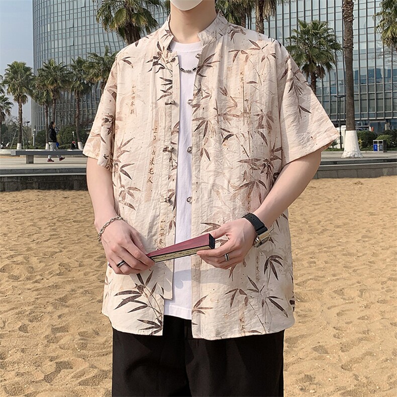 新中式夏威夷唐装花衬衫男夏季潮流风盘扣短袖衬衣7001P40,男装衬衫,电商A056