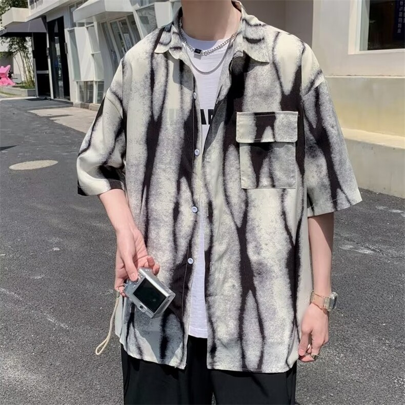 扎染印花短袖衬衫男女潮牌夏季美式复古衬衣痞帅休闲外套S67-P35,男装衬衫,星座1008