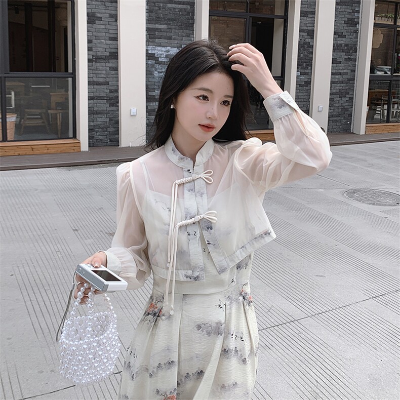 新款时尚复古盘扣立领两件套中式文艺套裙套装，女装连衣裙，秀美人生