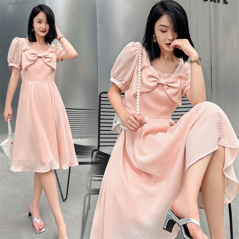 2022年夏季韩版通勤蝴蝶结中长款连衣裙，女装连衣裙，卡杰菲