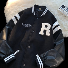 现货2023春装pu皮拼接毛巾绣棒球服夹克外套潮H686P118男类，男装夹克，电商A341