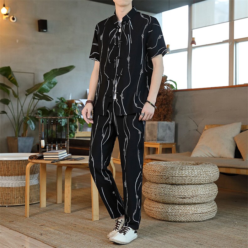 男士夏季风汉服棉麻透气舒适复古开衫唐装两件套 HO6930-P65图片