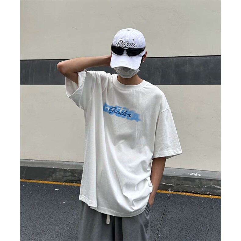 抖音得物 210克现货宽松纯棉美式潮牌印花落肩袖纯棉T恤AT21125图片