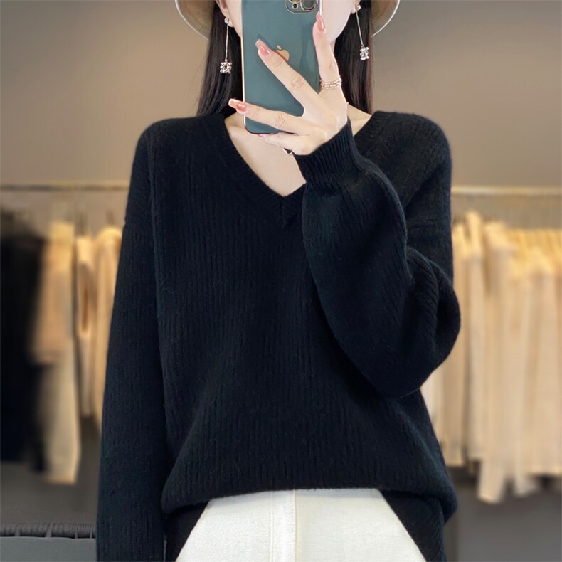 秋冬纯色V领长袖针织衫女韩版宽松时尚百搭上衣内搭毛衣,女装羊毛衫,忠诺羊绒