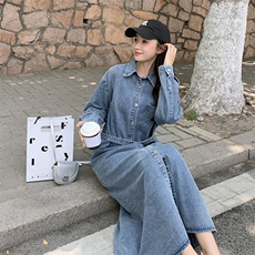 复古牛仔连衣裙女2024秋季新款高级感盐系宽松遮肉显瘦长款衬衫裙，女装连衣裙，浪娴服饰