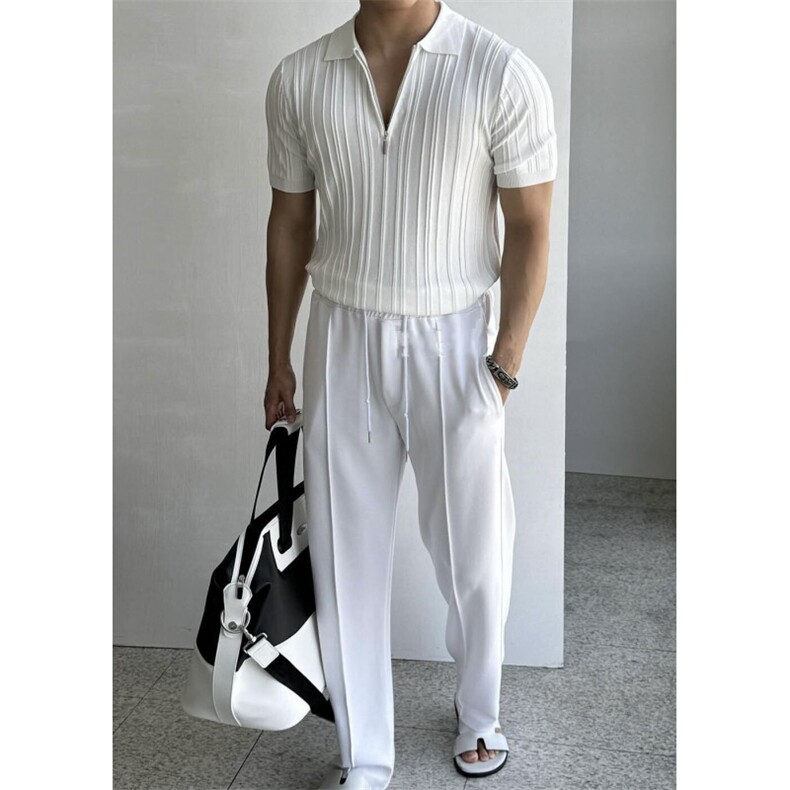 冰麻拉链针织Polo衫复古通勤商务针织短袖体恤PL99/P58，男装Polo衫，电商A243