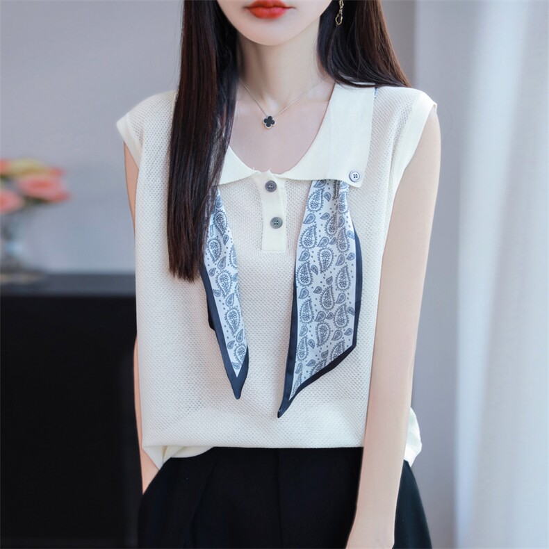 时尚翻领丝巾针织无袖背心上衣女2025夏季新款韩版小众简约T恤衫,针织衫/毛衣,源达羊绒