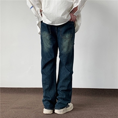 美式复古褶皱牛仔裤男四季宽松直筒高街休闲长裤D9569/p58，男装牛仔裤，电商B381-2