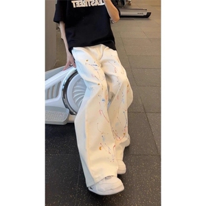春季新款美式高街扎染工装阔腿牛仔裤男女直筒拖地裤子L21333-P38图片