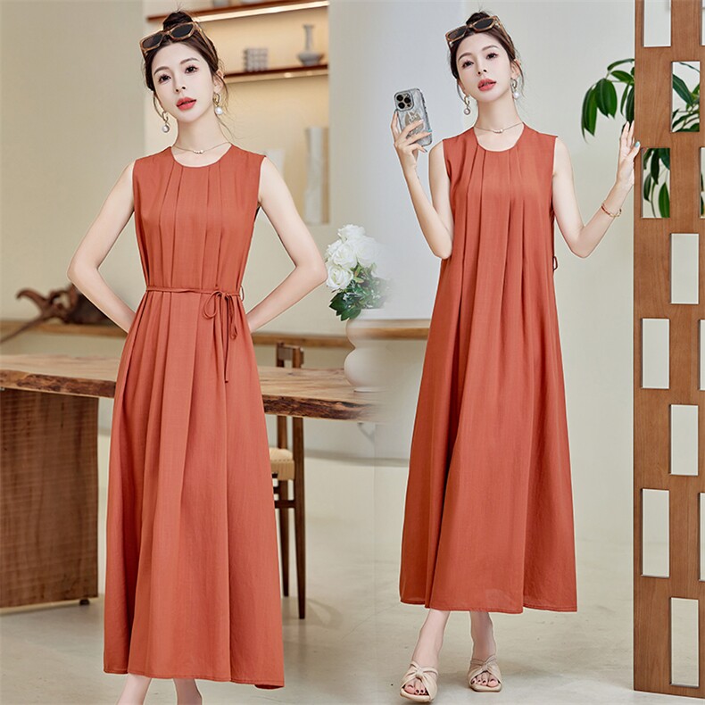 2024夏装简约复古圆领背心压褶宽松连衣裙，商品下架区商品下架区，难舍钰依