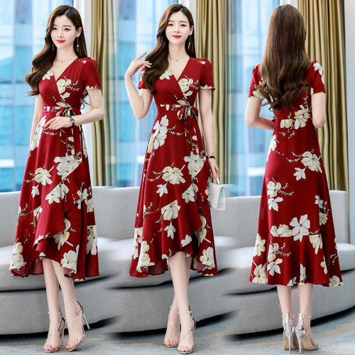 夏季新款花朵连衣裙法式短袖V领雪纺修身高腰显瘦长裙大码女，女装连衣裙，海爱依仁