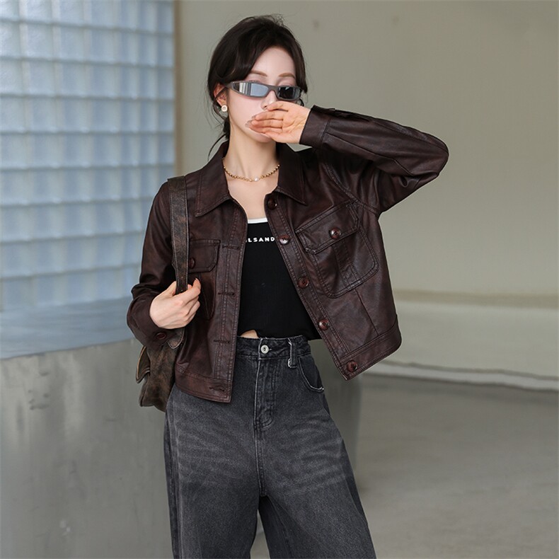 现货欧洲站2024春秋季新款欧货仿绵羊皮皮衣宽松短款夹克外套女,女装皮衣,美拉德工厂直营店