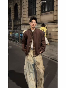 现货~龙叨叨老钱风假两件格纹拼接长袖针织开衫外套MY2573批88图片