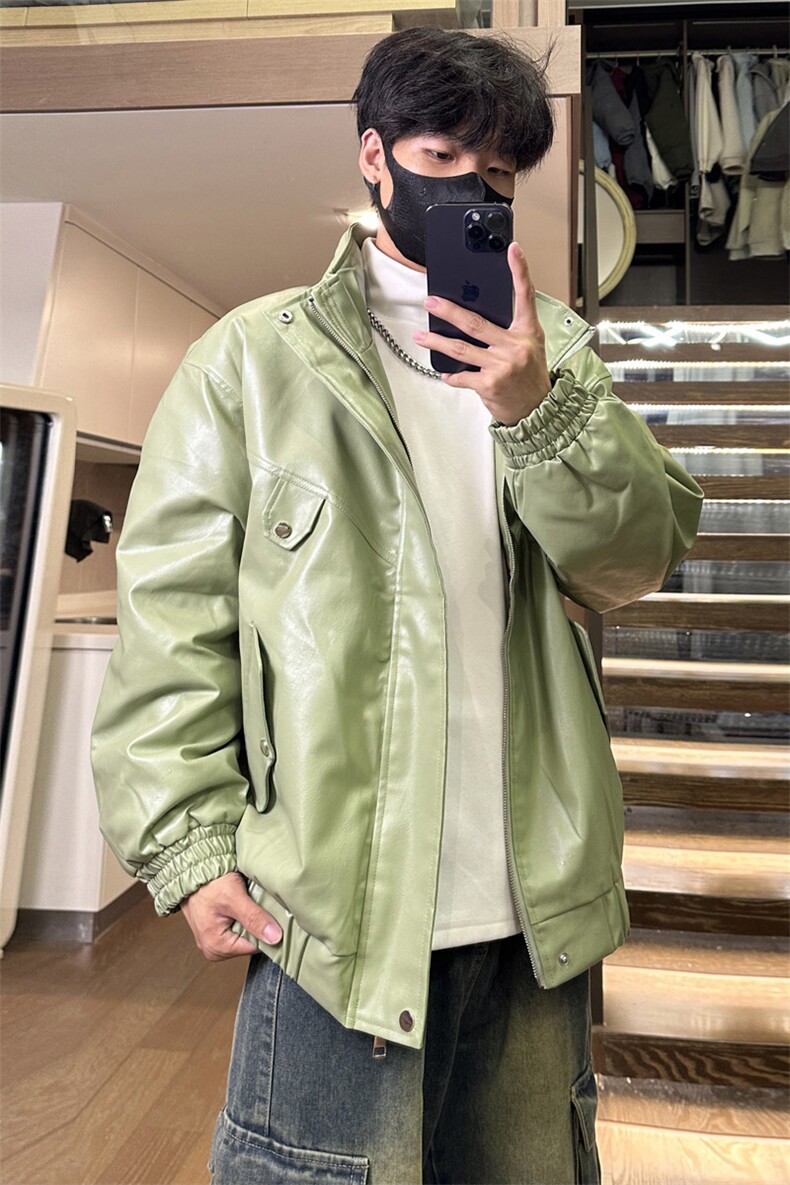 美式复古机车皮夹克秋冬季新款加绒pu皮宽松外套A436-W110-P95,男装夹克,电商A436