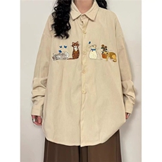 CS381-P43美式复古灯芯绒猫咪刺绣长袖衬衫男女春秋冬宽松休闲，男装衬衫，电商B323A