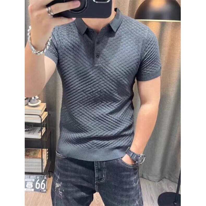 格子翻领针织衫男半袖男士polo领弹力修身短袖时尚T恤衫T3908，男装Polo衫，星座1116A（原606A-3）