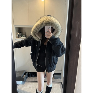 现货重磅boxy短款棉衣座山雕大毛毛领男女棉服水洗工装厚外套图片
