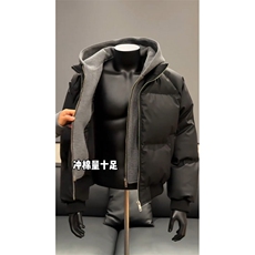 网图美式假两件pu皮短款棉服男款冬季加厚工装棉袄连帽外套特P89，男装皮衣，电商C306-1