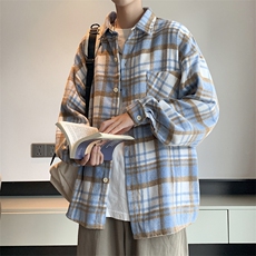 新款日系毛呢格子长袖衬衣男士潮牌休闲痞帅宽松衬衫外套S883-P40，男装衬衫，星座1008