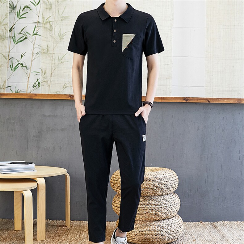 夏季亚麻短袖套装男t恤潮牌宽松冰丝男装T搭配棉麻两件套TZ66-P45,男装T恤,星座509
