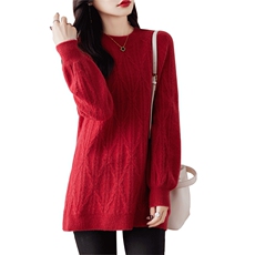 秋冬新款女士中长款毛衣纯色羊毛上衣宽松圆领针织打底小衫，女装羊毛衫，哲奥羊绒
