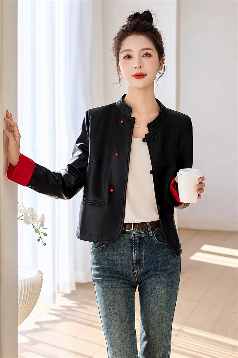 国风新中式真皮皮衣外套女盘扣短款2025春秋新款洋气修身夹克上衣,女装皮衣,韩美纤衣