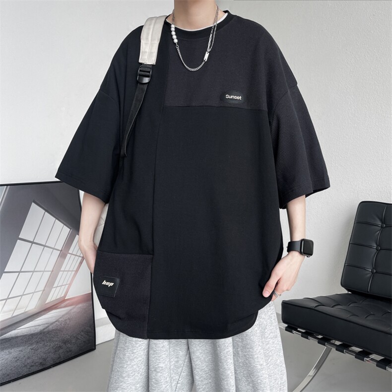 7XL-M美式纯短袖T恤男2023夏季新款ins潮拼接宽松体恤加肥加大,男装T恤,钱塘717(原712)