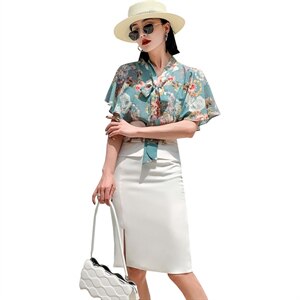 2022夏季新款时尚个性系带领小衫+修身半身裙两件套,女装套装/套裙,时尚俏佳人
