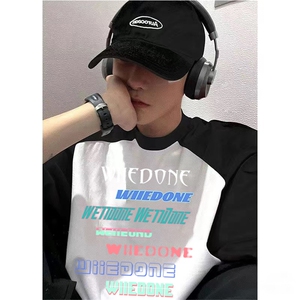 抖音得物供货240克宽松纯棉美式潮牌印花插肩袖拼接短袖T恤AT1502图片