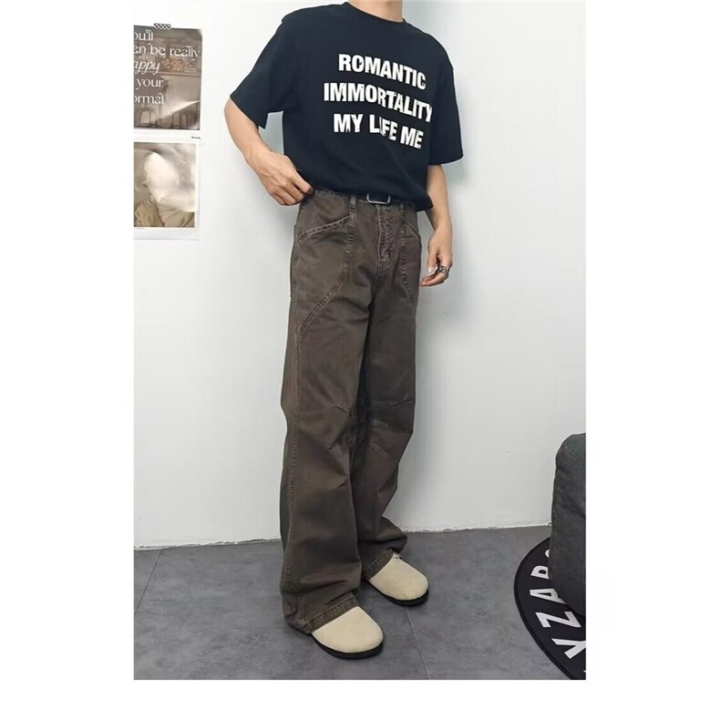复古水洗做旧cleanfit休闲工装长裤男vintage宽松直筒百搭裤子男,男装牛仔裤,星座506A