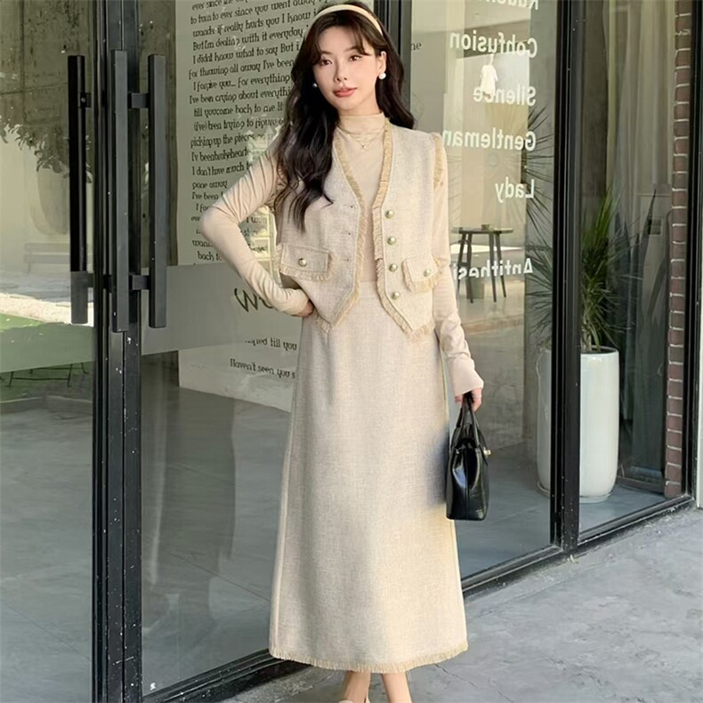 小香风套装女2024秋新款高级感气质名媛通勤流苏马甲半身裙三件套，女装套装/套裙，煊芮熙