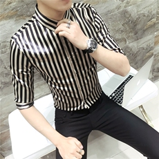 19夏男韩版修身中袖衬衫潮流条纹七分袖夜店发型师工作服D37，男装衬衫，星座419（原A233）