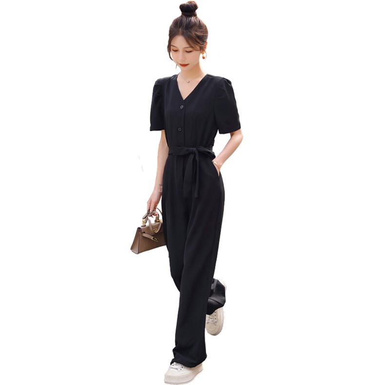 黑色工装连体裤女夏新款宽松高腰炸街网红直筒休闲连衣裤子,女装连体裤,微微衣阁