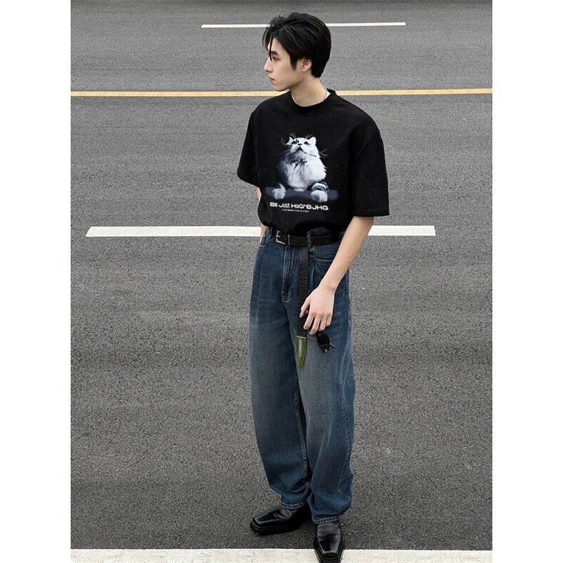 黑色猫咪印花落肩短袖男美式潮牌重磅纯棉t恤cleanfit情侣装半袖,男装T恤,星座809A(原222-1)