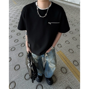 美式重磅拉链短袖男款夏季t恤痞帅小领口正肩半袖男T恤DT5577-p35图片