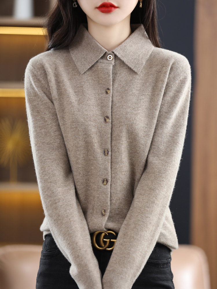清仓捡漏~专柜撤回POLO领针织衬衫女秋款羊毛衫针织开衫翻领外套,女装羊毛衫,片语羊绒