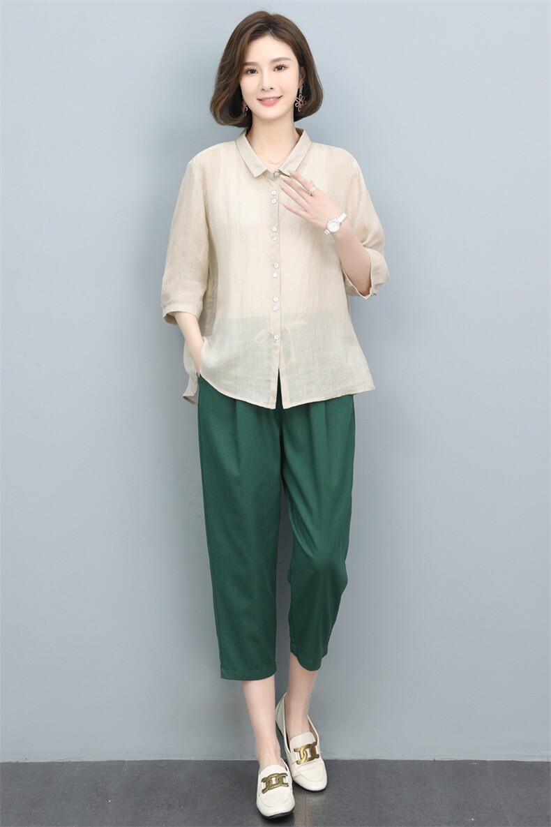 高端苎麻衬衫女夏季2024新款棉麻风上衣中年妈妈洋气减龄漂亮小衫,女装套装/套裙,奕阳依阁