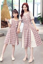 亲子装旗袍！2021夏季新款旗袍改良版复古风亲子格子连衣裙，女装连衣裙，安之芮娜