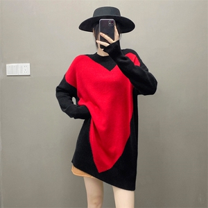 欧货慵懒软糯纯山羊绒衫女中长款毛衣圆领爱心宽松加厚针织连衣裙图片