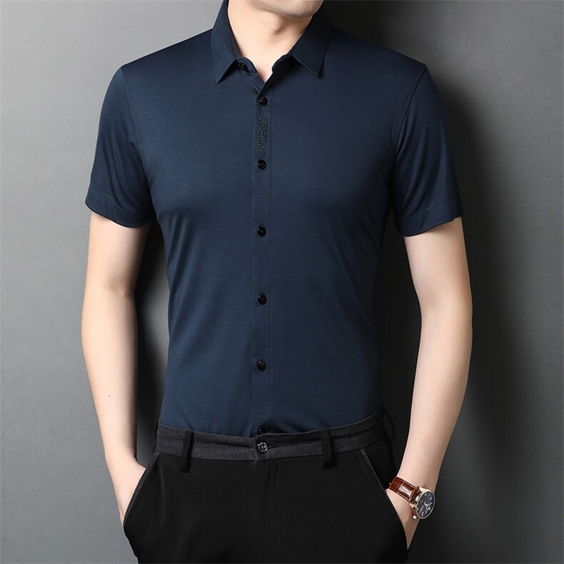 QLM99128男士2023年夏季新款短袖修身衬衣薄款纯色衬衫免烫P52,男装衬衫,电商B360
