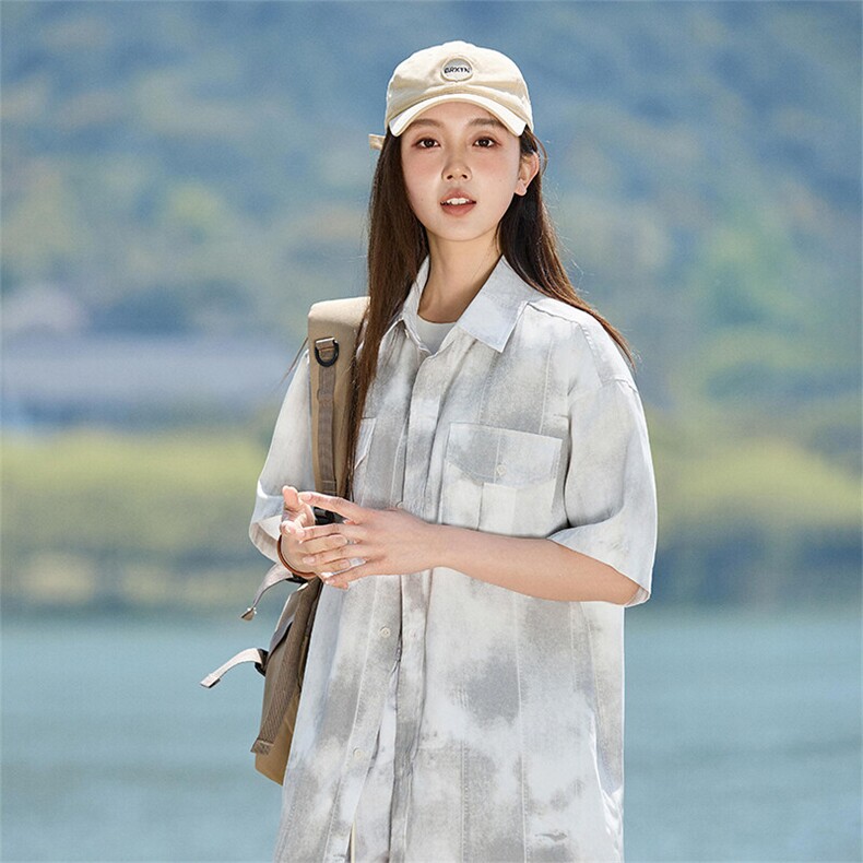 水墨扎染工装短袖衬衫女款夏季新款半袖衬衣外套A406C6066特P40,男装衬衫,星座309（原A406）