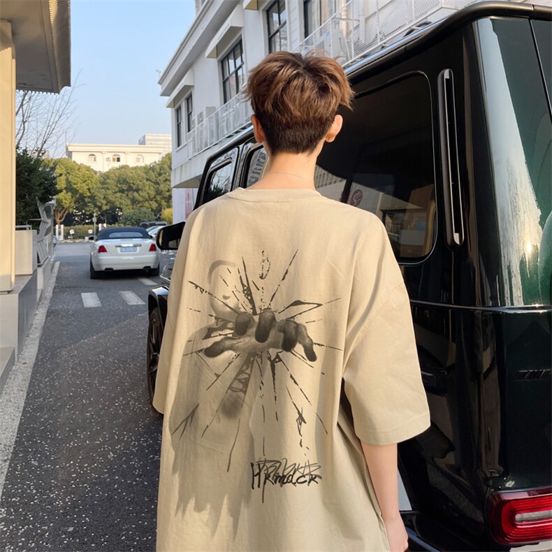 图案已注册夏季新款复古休闲短袖T恤男潮宽松半袖体恤衫D176/P25，男装T恤，电商B209