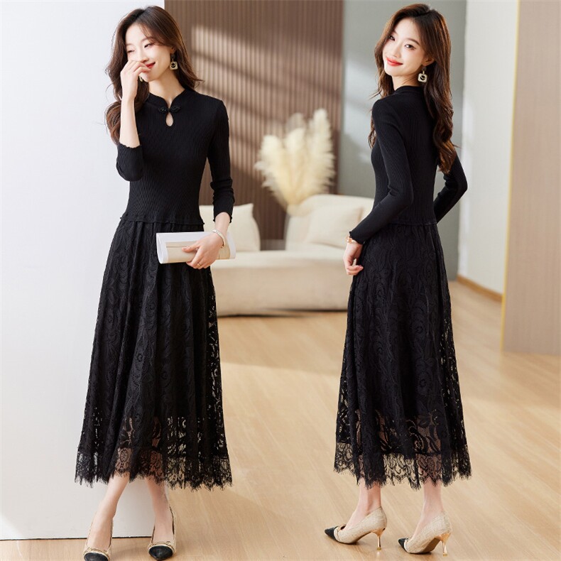 2023秋冬复古盘扣领线衣配蕾丝长款打底连衣裙，女装连衣裙，安之芮娜