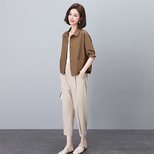 时尚翻领棉麻休闲套装女夏季新款宽松显瘦两件套气质百搭小香风图片