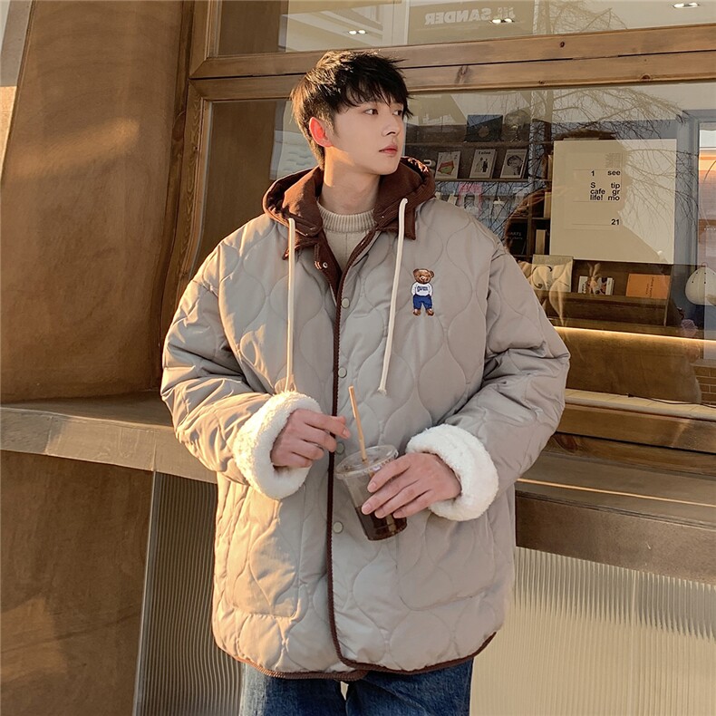 1港风灯芯绒拼接连帽假两件大码M-5XL小熊棉衣男8713P135控168，男装棉衣，星座226-2