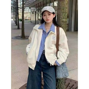 蓝白格纹假两件学院风翻领外套男女韩系穿搭情侣夹克WYA244图片