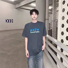 抖音得物供货210克现货宽松纯棉美式潮牌印花落肩袖纯棉T恤AT2183，男装T恤，电商A443